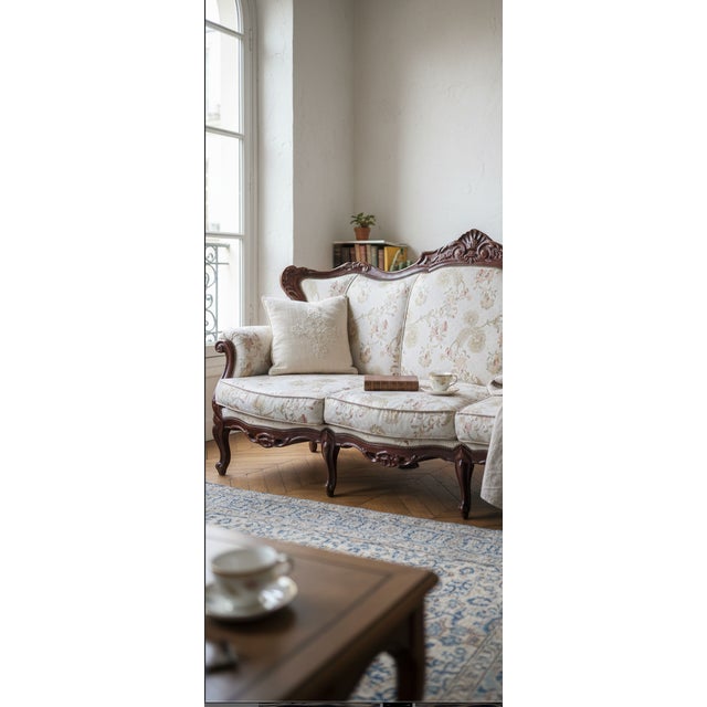 Victorian 1980s Victorian Revival Sofa and Accent Chair, Ornate Carved Mahogany Frame, Floral Upholstery For Sale - Image 3 of 5