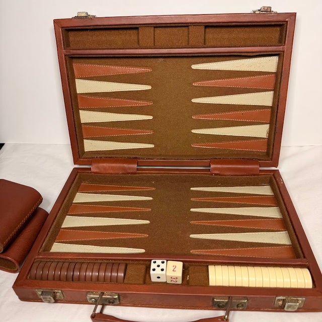 Vintage Backgammon Set Brown Faux Leather Travel Case Complete Game Dice MCM 70s Mid Century Modern Retro For Sale - Image 4 of 14