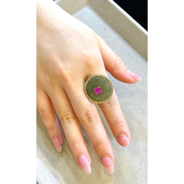 This is part of Chairish’s Fine Jewelry assortment. Red natural ruby - 1 carat Vintage mint jade Diamonds - 0.60 carat...