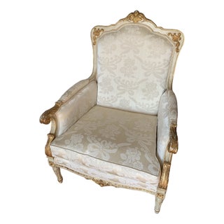 Late 20th Century Louis XV Style Bergère Chair Silk Damask Parcel Gilt For Sale