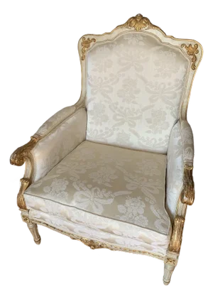 Late 20th Century Louis XV Style Bergère Chair Silk Damask Parcel Gilt