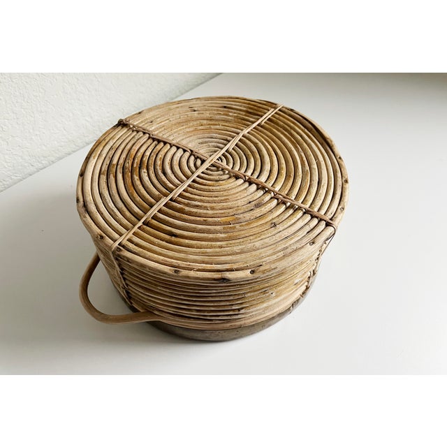 1970s Gabriella Crespi Style Brass and Split Reed Basket With Handles For Sale - Image 9 of 9