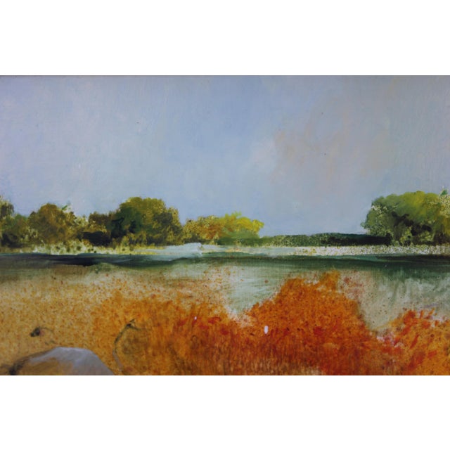 Realist gouache painting of a serene coastal landscape by Texas artist William Hoey. Circa 1970s. Gold Frame. Dimensions...