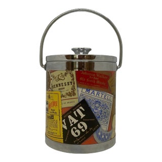 Mid 20th Century Small Polychrome Plastic and Chrome Italian Ice Bucket With Liquor Labels Design For Sale