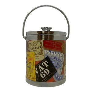 Mid 20th Century Small Polychrome Plastic and Chrome Italian Ice Bucket With Liquor Labels Design