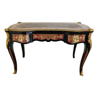 French Executive Desk With Gold Leaf Details, Three Drawers & Ornate Black Finish For Sale