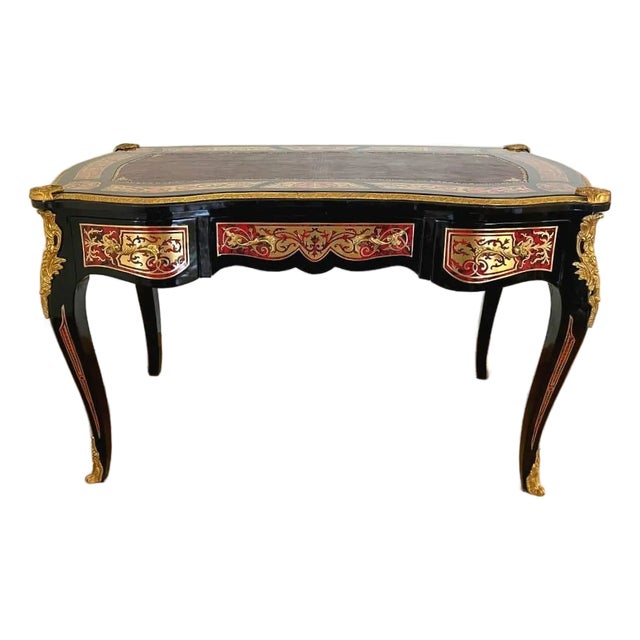 French Executive Desk With Gold Leaf Details, Three Drawers & Ornate Black Finish For Sale