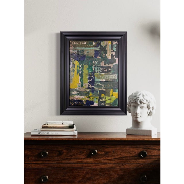 Belonging weaves together fragmented color fields in deep greens, ochres, and blues, forming a complex visual rhythm that...