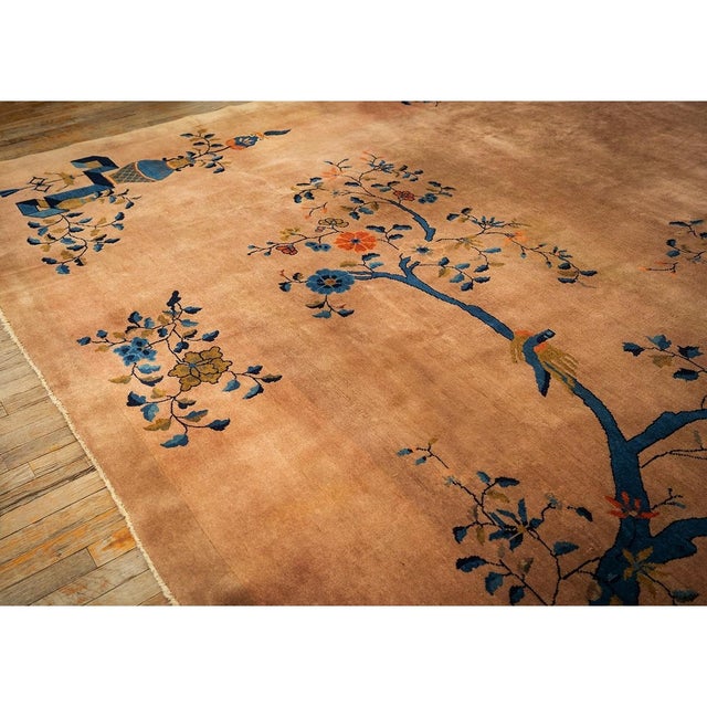 Art Deco 1920s Antique Caramel Field Floral Handknotted Wool Chinese Art Deco Carpet Rug For Sale - Image 3 of 10