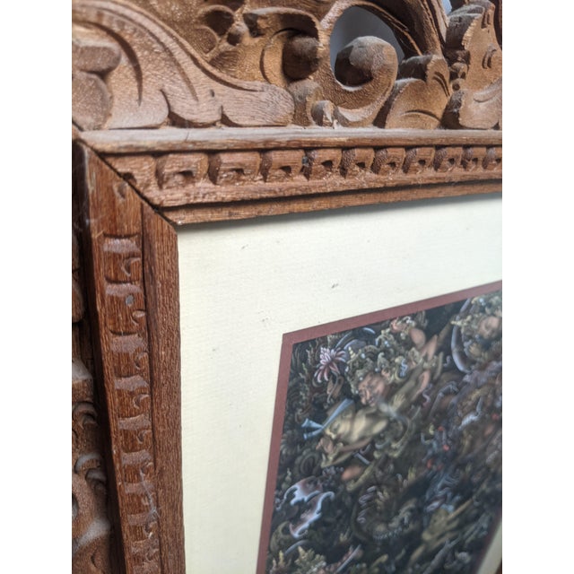 Wood Late 20th Century Pair of Balinese Batuan-Style Narrative Paintings in Hand-Carved Wood Frames For Sale - Image 7 of 16