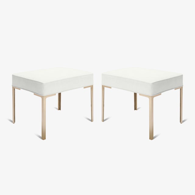 Mid-Century Modern Astor Brass Ottomans in Snow Ultrasuede by Montage, Pair For Sale - Image 3 of 6