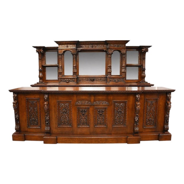 Victorian Hand-Carved Oak Front and Back Pub Bar, 1980 For Sale