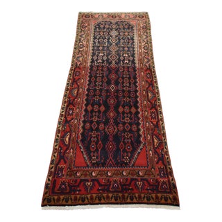 Hamedan Runner 3’11” X 9’4” Blue Wool Semi-Antique Tribal Hand-Knotted Rug For Sale