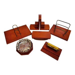 Vintage French Brown Leather Desk Set, Mid-20th Century