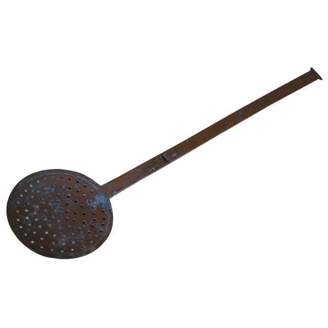 Rustic 19th Century Antique European Hammered Copper Straining Spoon Ladel Skimmer Spatula For Sale - Image 3 of 13