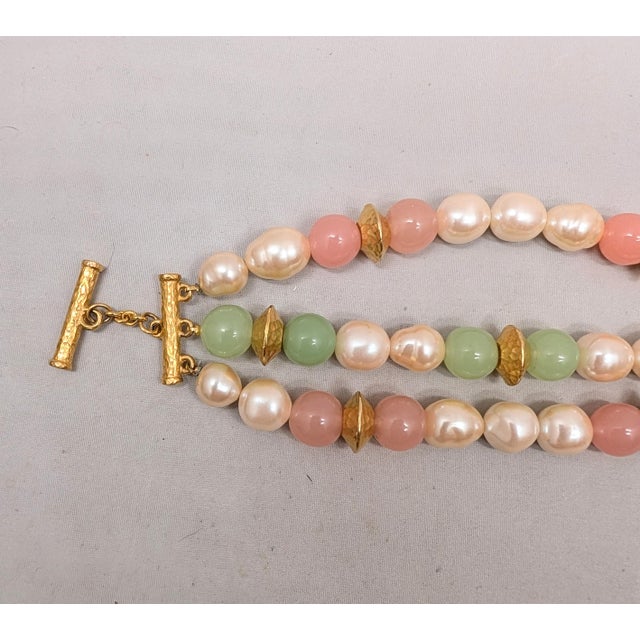 1980s 3-strand gold-tone faux-baroque pearls with spherical faux pale-green jade and faux-pink opal, with hammered saucer...