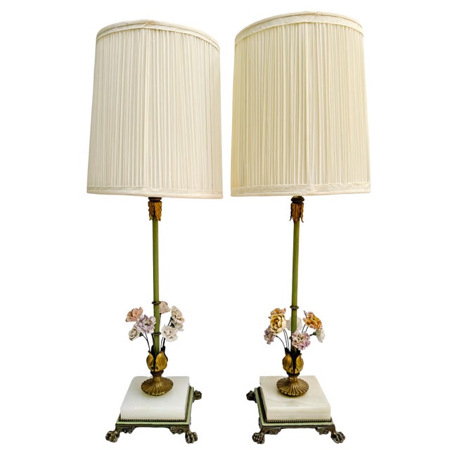 Pair of mid-century Hollywood Regency table lamps by Almco Lamps featuring delicate, hand-formed porcelain flowers...