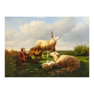 Antique Landscape Oil Painting of Sheep by Lauren De Beul Circa 1864