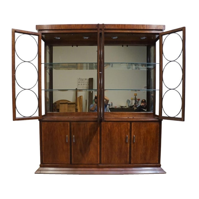 Late 20th Century Hickory White Banded Mahogany Contemporary Modern Asian Inspired 79" Lighted Display China Cabinet For Sale - Image 5 of 15