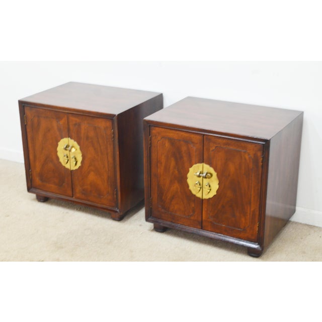 Pair of Nightstands by Henredon. Store item #556. They feature inner shelves and come with protective glass top.