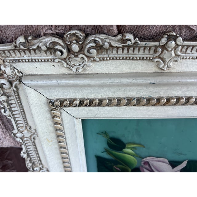Antique Hand-Painted on Glass Pink Roses-Ornate Gesso Frame For Sale - Image 9 of 9