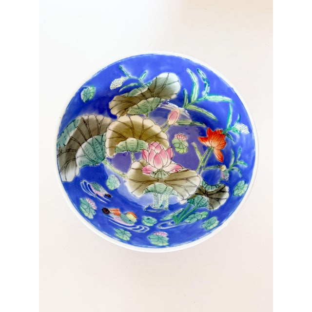 Ceramic Vintage Chinoiserie Blue Bowl With Lily Pad and Mandarin Ducks For Sale - Image 7 of 9