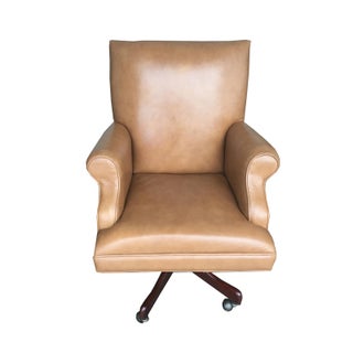 Vintage Mid Century Modern Tan Leather Chesterfield Style Executive Office Chair For Sale
