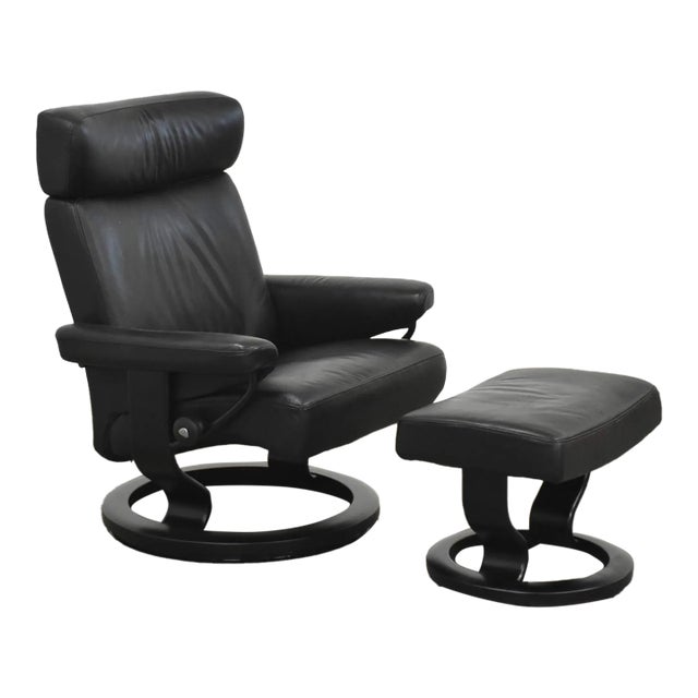 1960s Black Leather Ekornes Stressless Recliner and Ottoman For Sale