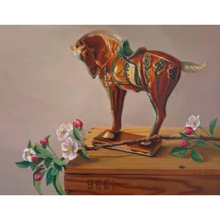 Apple Blossoms with Horse by Sarah van der Helm | Oil on Panel Still life of a toy horse and apple blossoms. For Sale