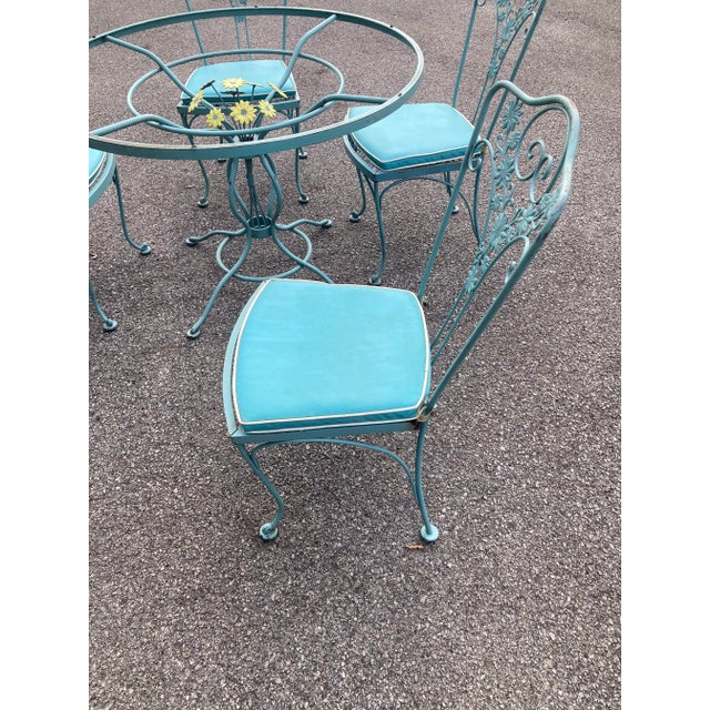 1950s Vintage Woodard Wrought Iron Blue Daisy Patio Table & 4 Chairs For Sale - Image 5 of 12