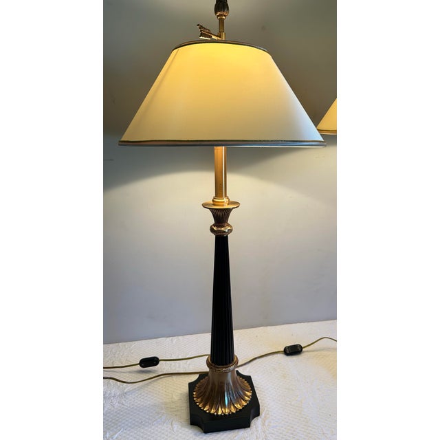 Classical Roman Vintage Pair of Maitland Smith Tall Black and Gold Column Style Table Lamps For Sale - Image 3 of 12