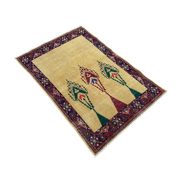 Textile Vintage Gold Turkish Oushak Hand-Knotted Prayer Rug, 03'01 X 04'08 For Sale - Image 7 of 8