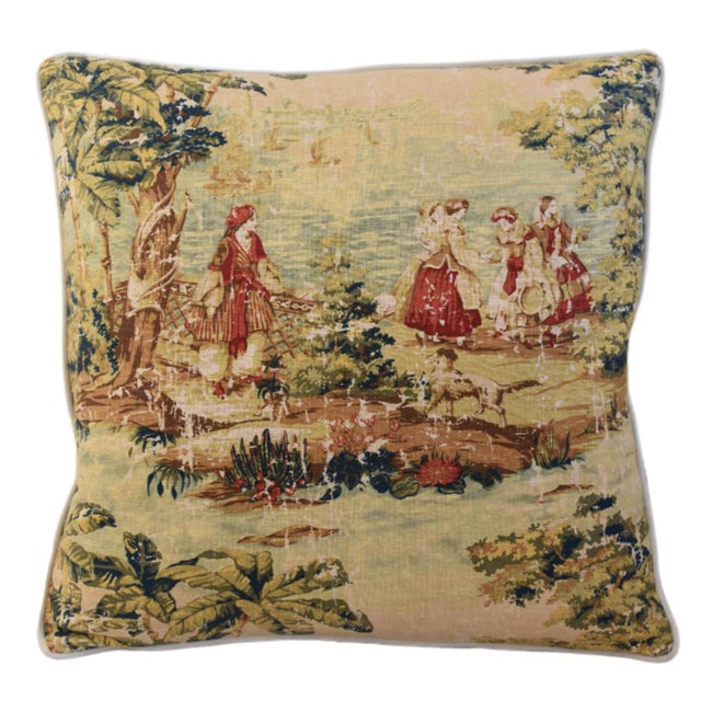 A custom-tailored pillow in printed linen fabric depicts a beautiful, romantic, French country antique toile design....