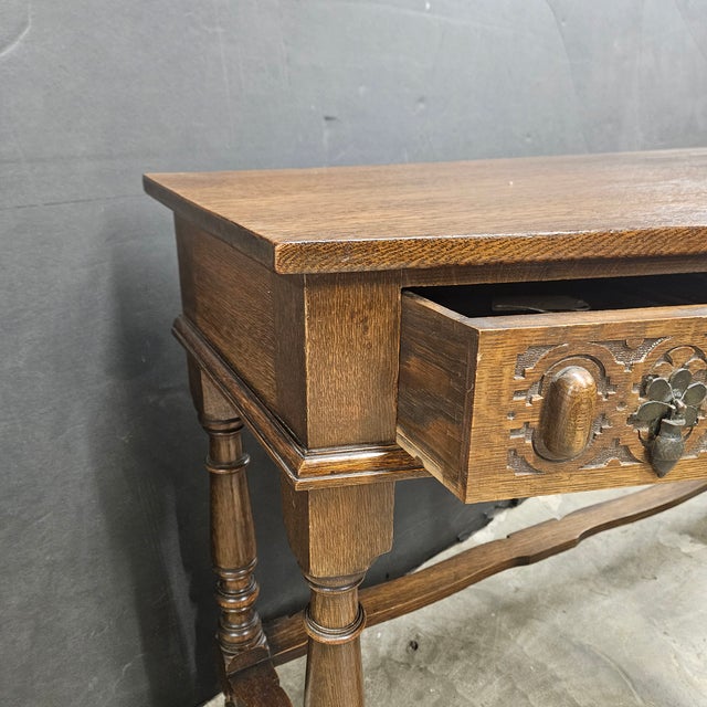 Brown Vintage English Oak 2 Drawer Console Table With Shaped Front For Sale - Image 8 of 17