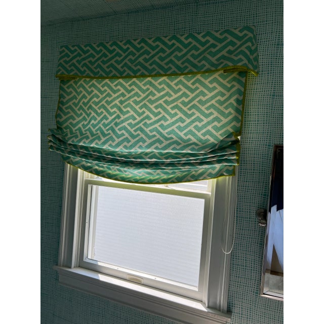 Palm Beach Style Custom Turquoise and Chartreuse Green Quadrille Aga Linen Roman Shade For Sale - Image 10 of 10
