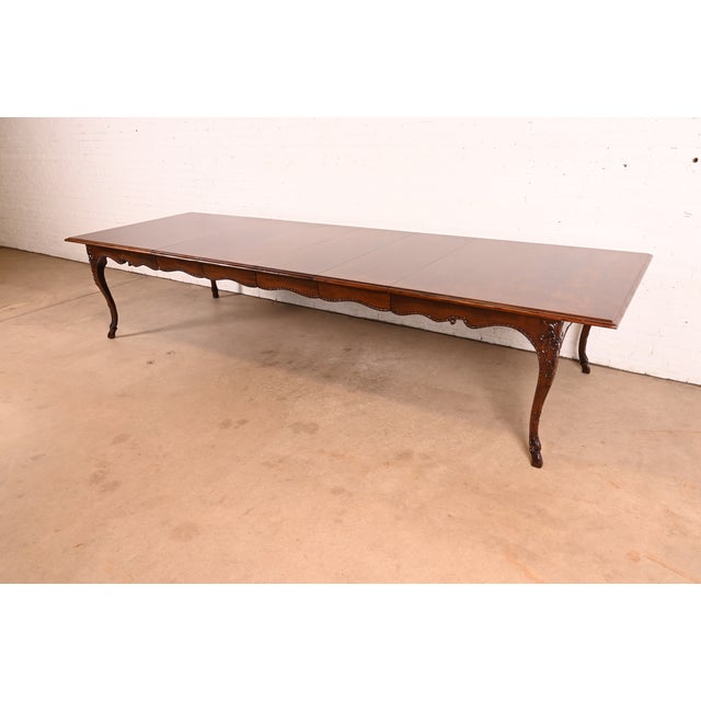 French Provincial Baker Furniture Italian Provincial Carved Cherry and Burl Wood Extension Dining Table, Newly Refinished For Sale - Image 3 of 18