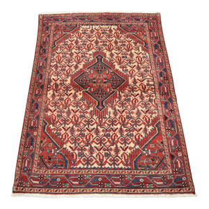 Hamedan Rug 3'7'' X 5'1'' Ivory Wool Vintage Tribal Hand-Knotted Oriental Carpet
