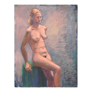 Blonde Nude Leaning on a Stool in Oil by George Wishon For Sale
