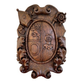 Antique French Gothic Wall Plaque Coat of Arms Carved Oak Renaissance C1890 For Sale