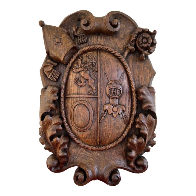 Antique French Gothic Wall Plaque Coat of Arms Carved Oak Renaissance C1890 For Sale