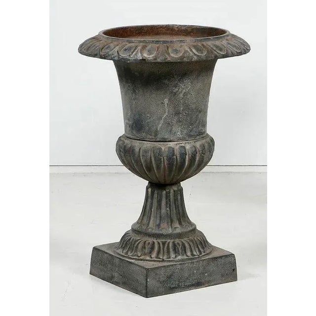 French Country Vintage French Neoclassical 19" Cast Iron Garden Urns-A Pair For Sale - Image 3 of 4