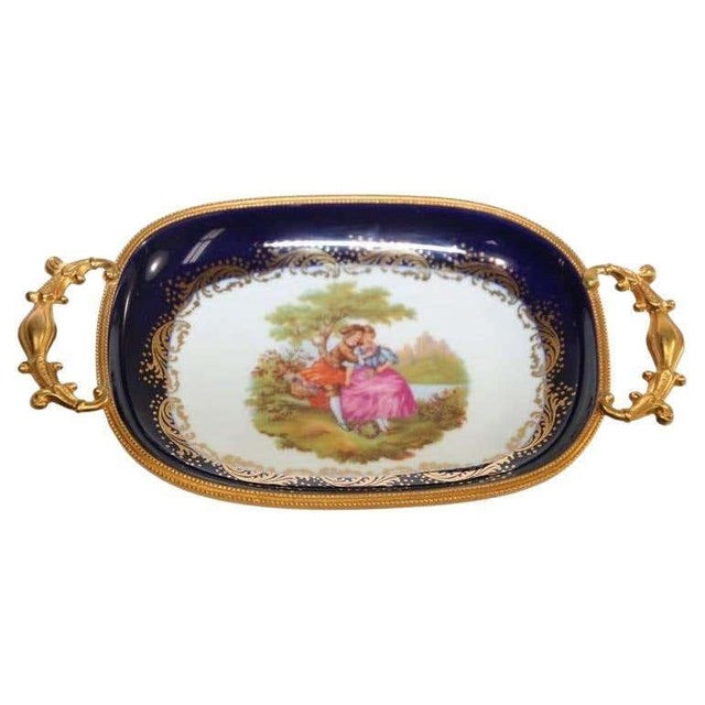 Limoges France Dish in Royal Blue with Fragonard Couple and Fine Gold Metal Trim For Sale - Image 13 of 17