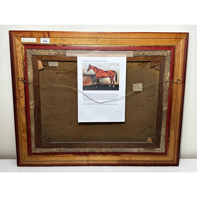 British Antique Oil Painting in the Manner of Sir Alfred Munnings C1912 Equine Portrait the Mint Chestnut Thoroughbred Stallion in Stable For Sale - Image 18 of 18