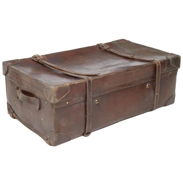 Large Vintage Art Deco Era Distressed Leather Travel Trunk For Sale - Image 9 of 10