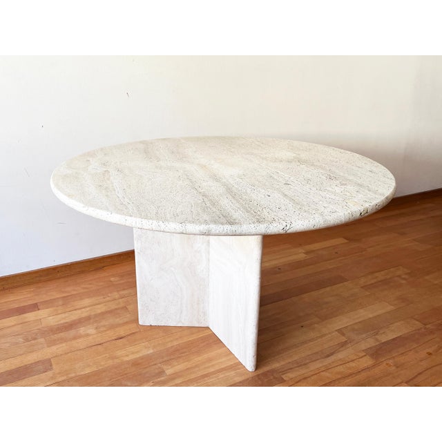 Cream Postmodern 1970s Cream Off White Round Travertine Dining Table, Pedestal Base For Sale - Image 8 of 11
