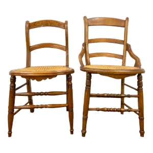 Antique Victorian Eastlake Style Ladderback Cane Dining Occasional Chairs - Pair