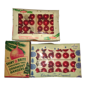 2 Boxes Shiny Brite Mini Glass Ball Christmas Tree Ornaments and Shiny Brite Hangers