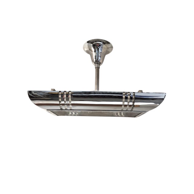 Mid-Century Modern Mid 20th Century French Modernist Art Deco Billiard Chandelier Highly Polished Nickel & GlassRods For Sale - Image 3 of 18