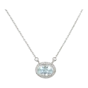 Halo Diamond Aquamarine Necklace 14k Solid White Gold