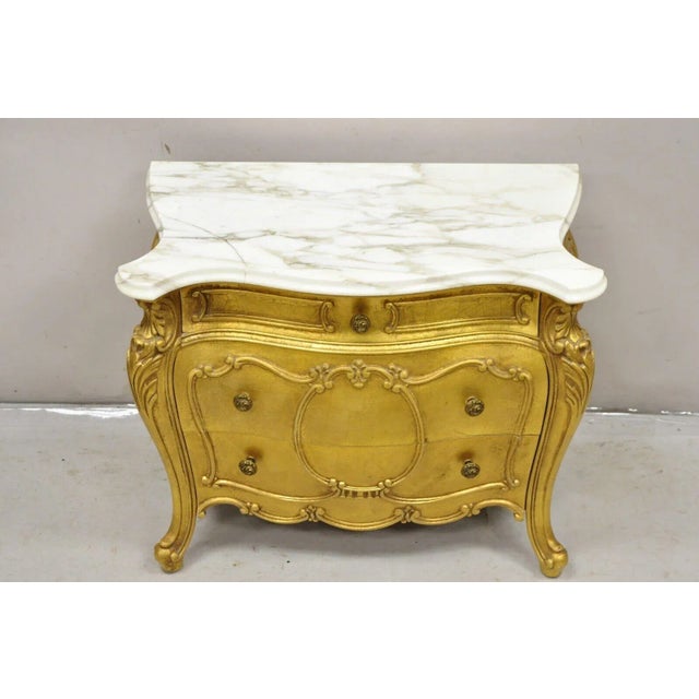 French Mid 20th Century Vintage Daniel Jones French Louis XV Style Gold Bombe Marble Top Nightstand For Sale - Image 3 of 11